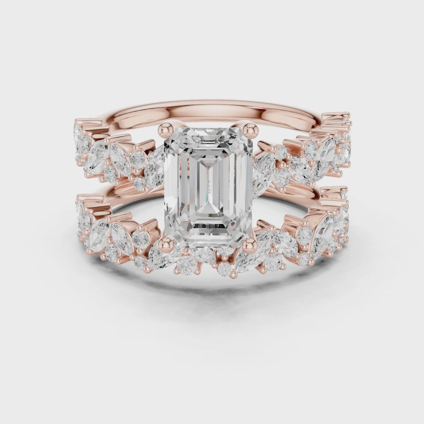 Bloom Frame Emerald Diamond Floral Bridal Ring Set