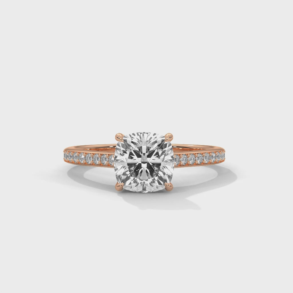 LumiCush Essence Cushion Cut Solitaire Engagement Ring with Pavé Diamond Band