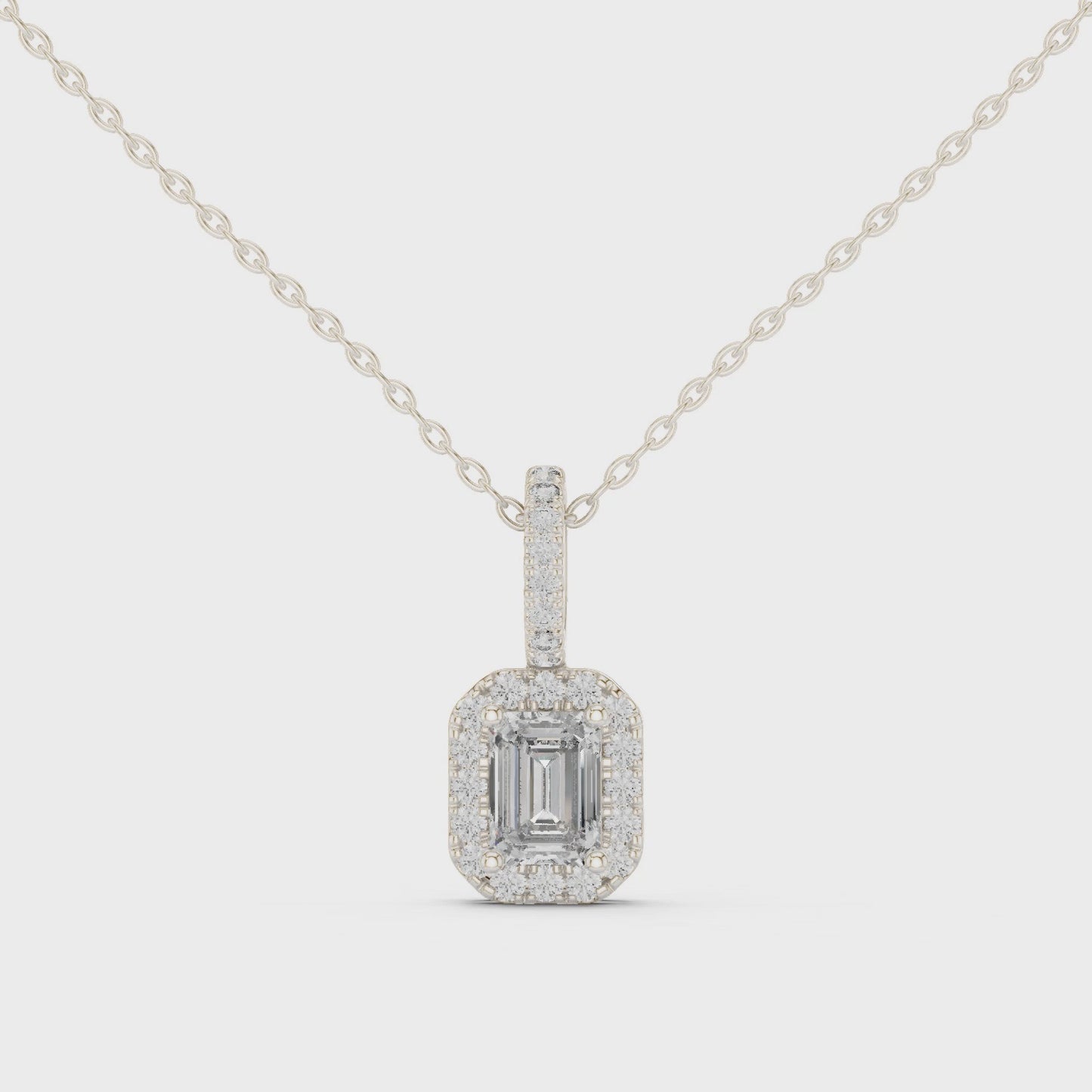 Radiant Frame Emerald Cut Halo Diamond Pendant Necklace