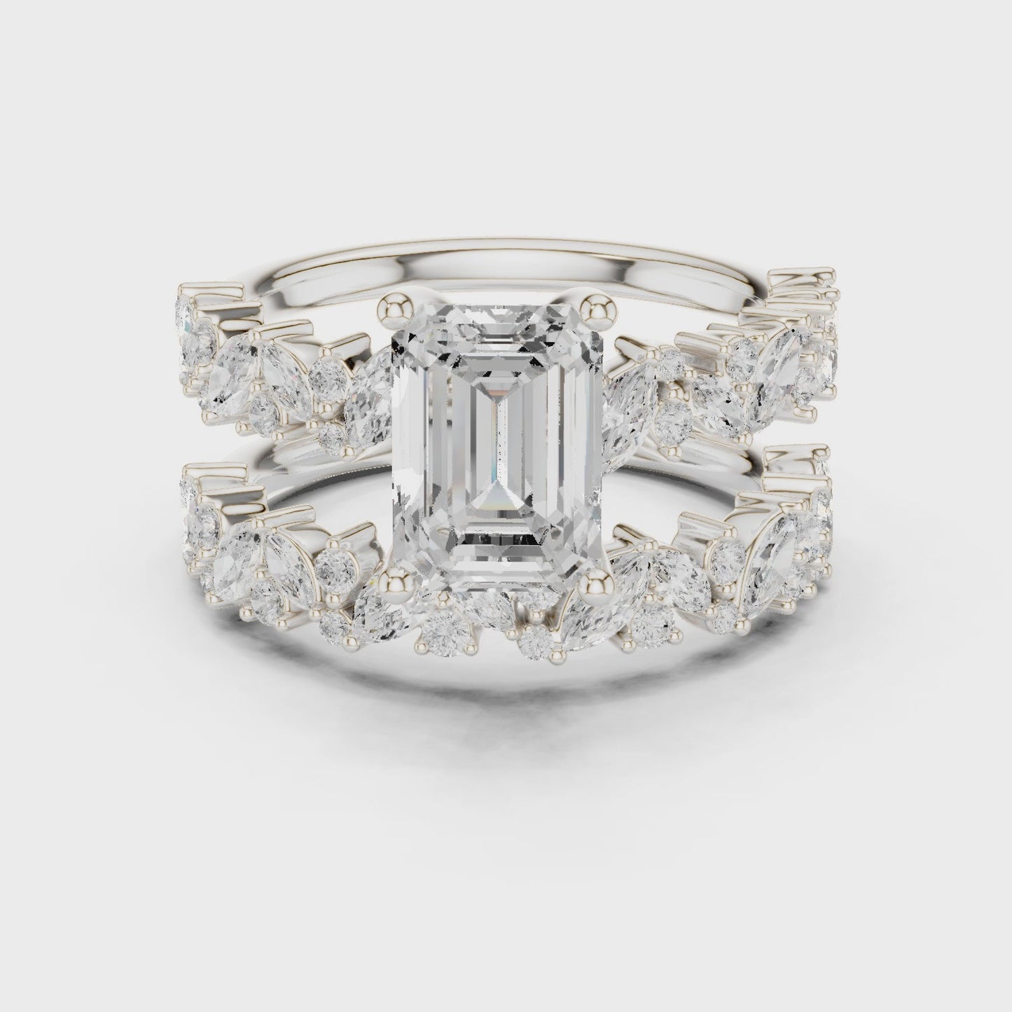 Bloom Frame Emerald Diamond Floral Bridal Ring Set