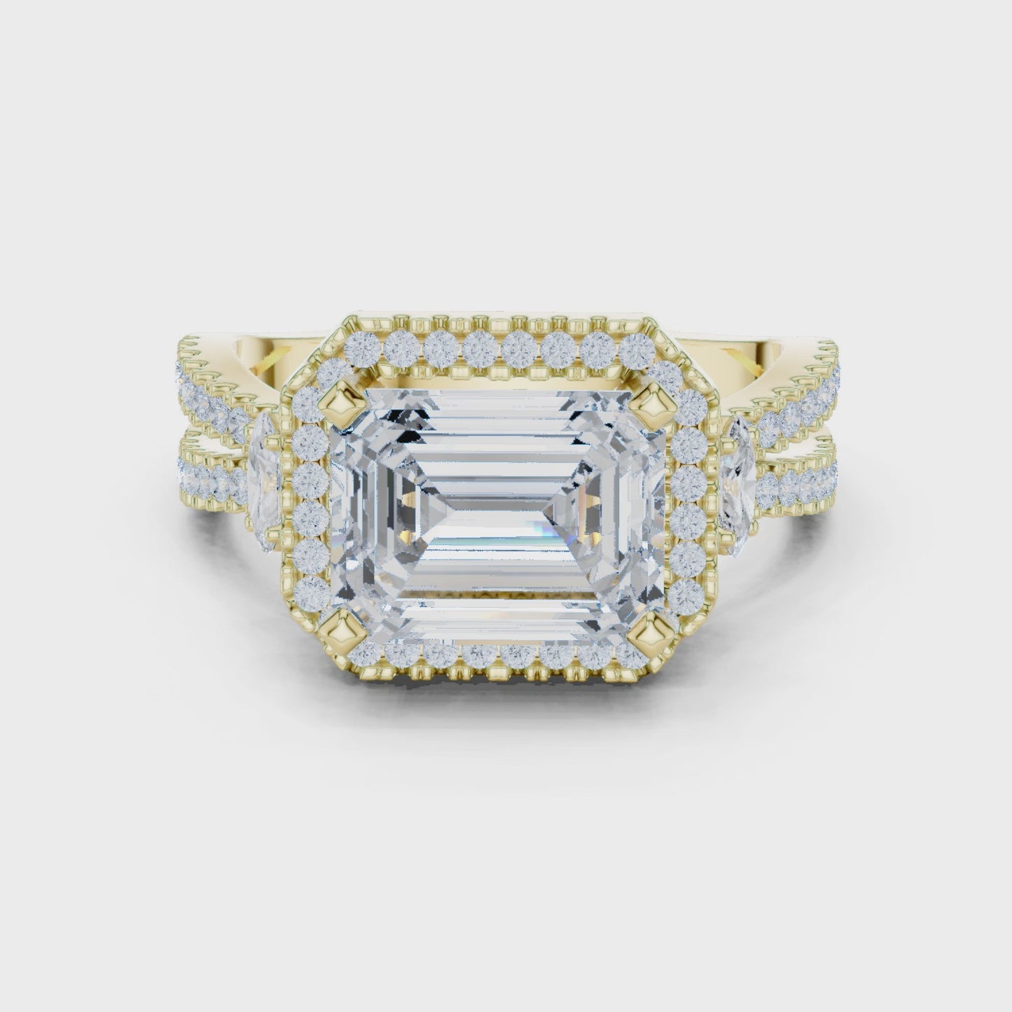 Axis Halo Emerald Cut Halo Three Stone Engagement Ring
