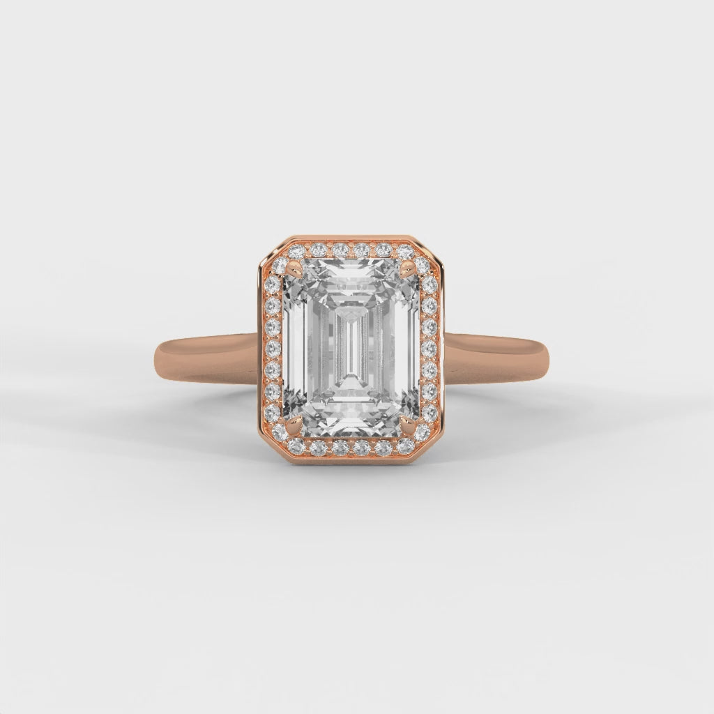 Luminous Emerald Cut Halo Engagement Ring with Hidden Sparkle