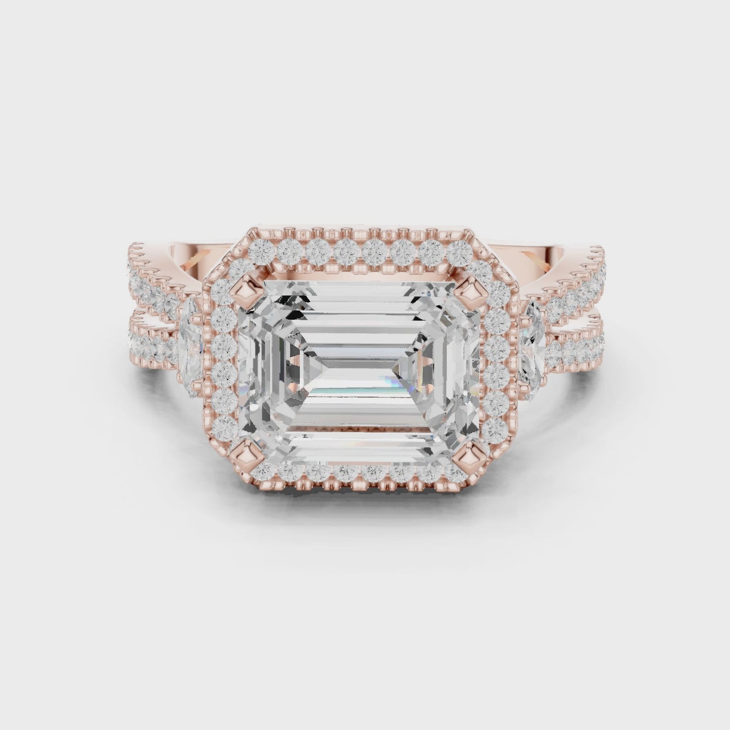 Axis Halo Emerald Cut Halo Three Stone Engagement Ring