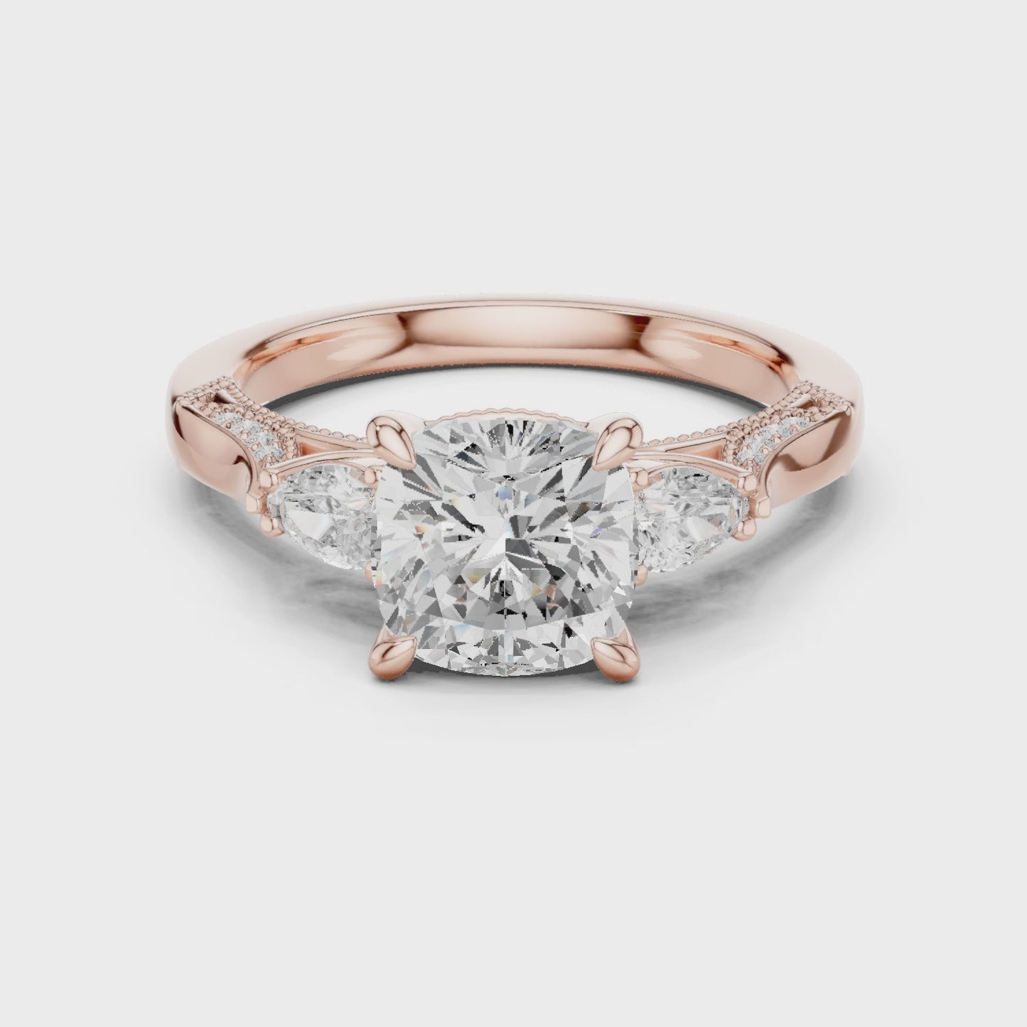 Facet Frame Cushion Diamond Three Stone Ring