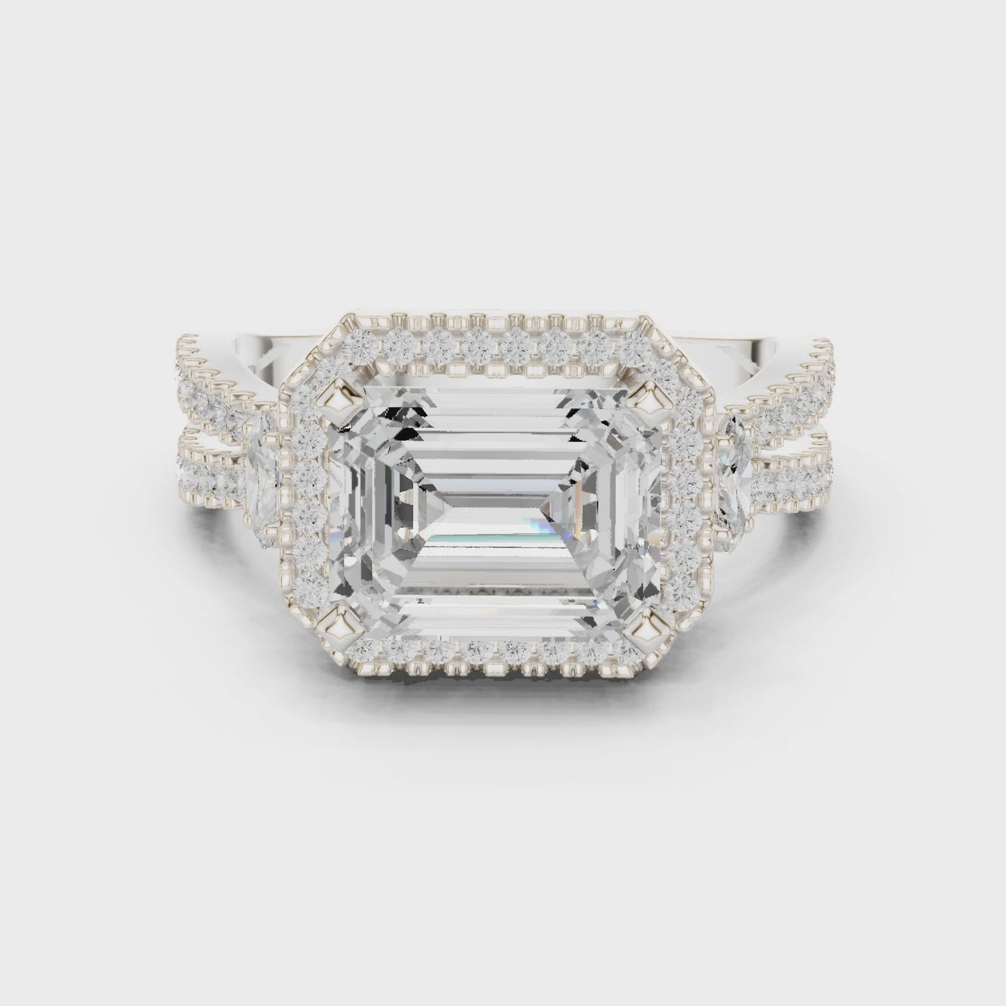 Axis Halo Emerald Cut Halo Three Stone Engagement Ring