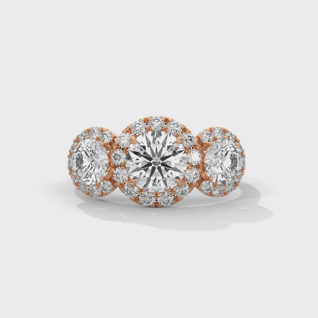 Trinity Halo Round Three Stone Engagement Ring