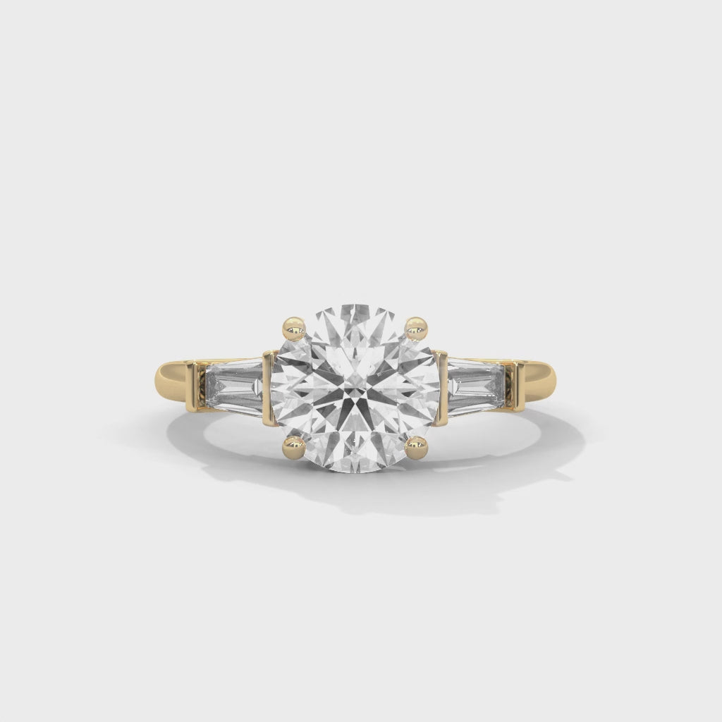 Trinity Luxe Round Cut Three Stone Engagement Ring with Tapered Baguettes