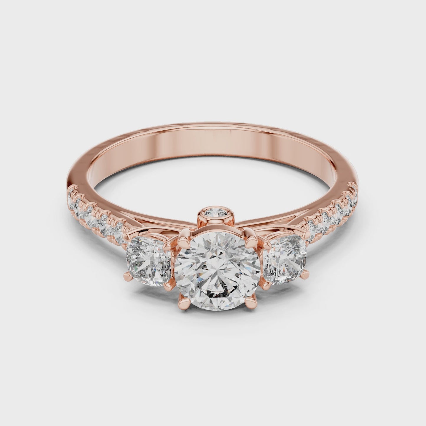 Trinity Edge Round Three Stone Diamond Ring with Hidden Halo