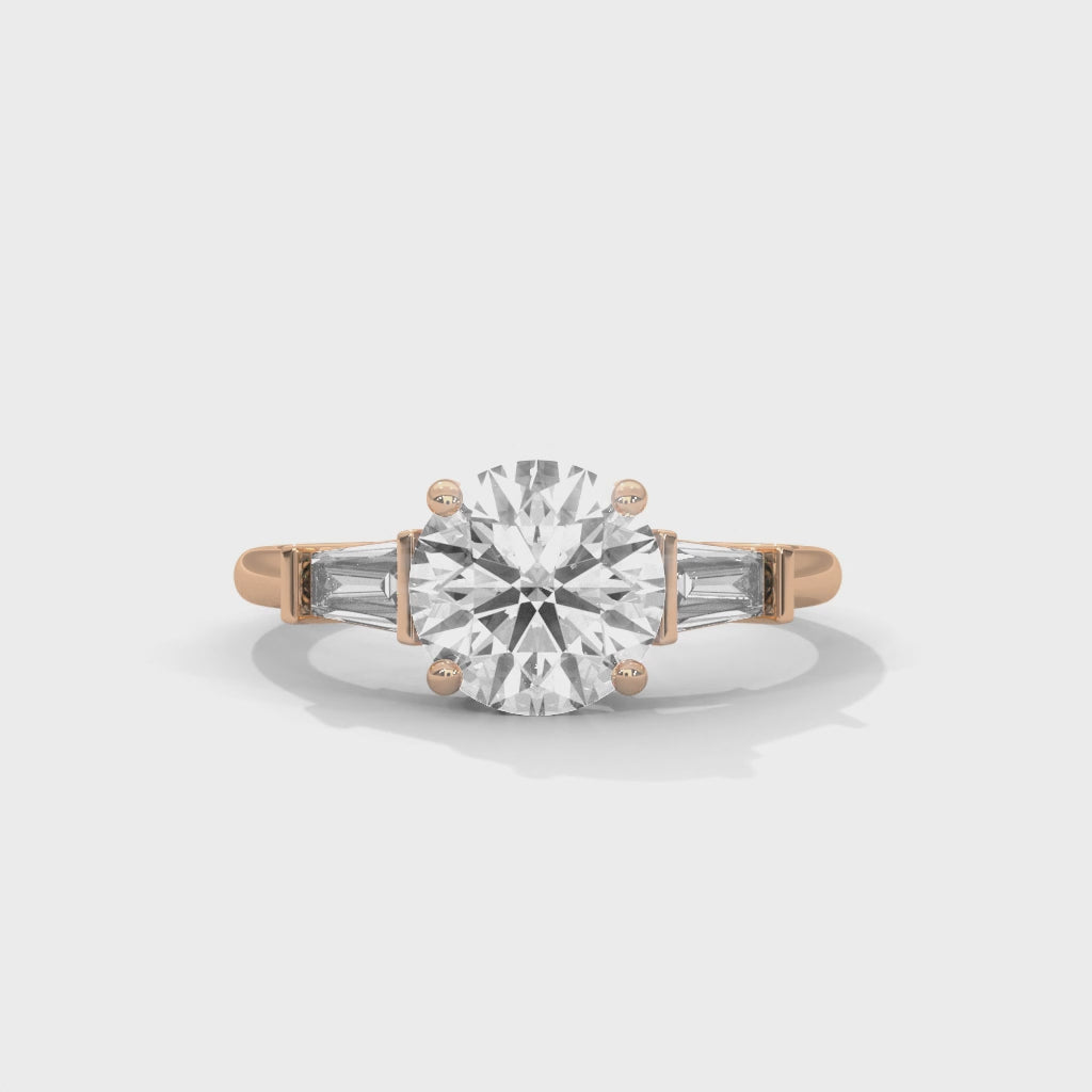 Trinity Luxe Round Cut Three Stone Engagement Ring with Tapered Baguettes