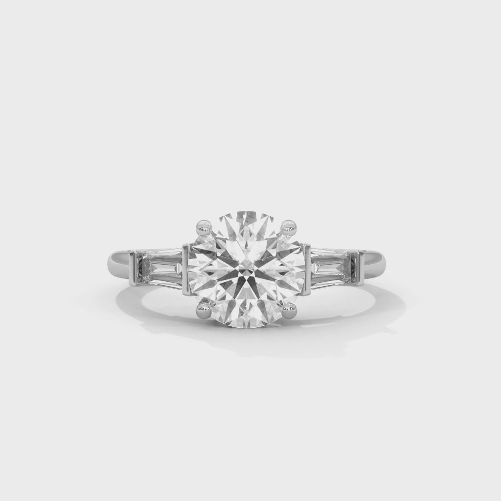 Trinity Luxe Round Cut Three Stone Engagement Ring with Tapered Baguettes
