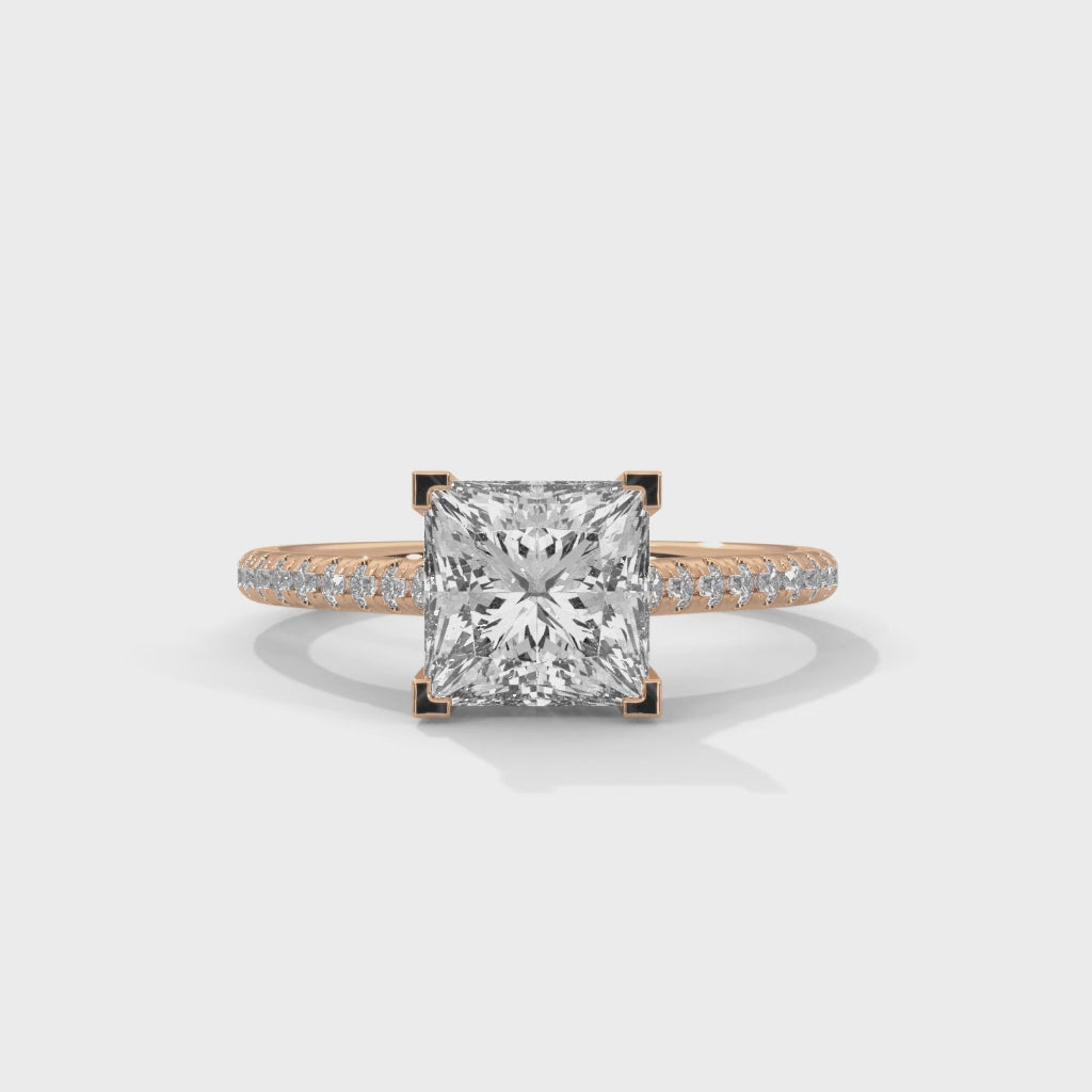 Regal Spark Princess Cut Solitaire Ring with Pavé Diamond Band