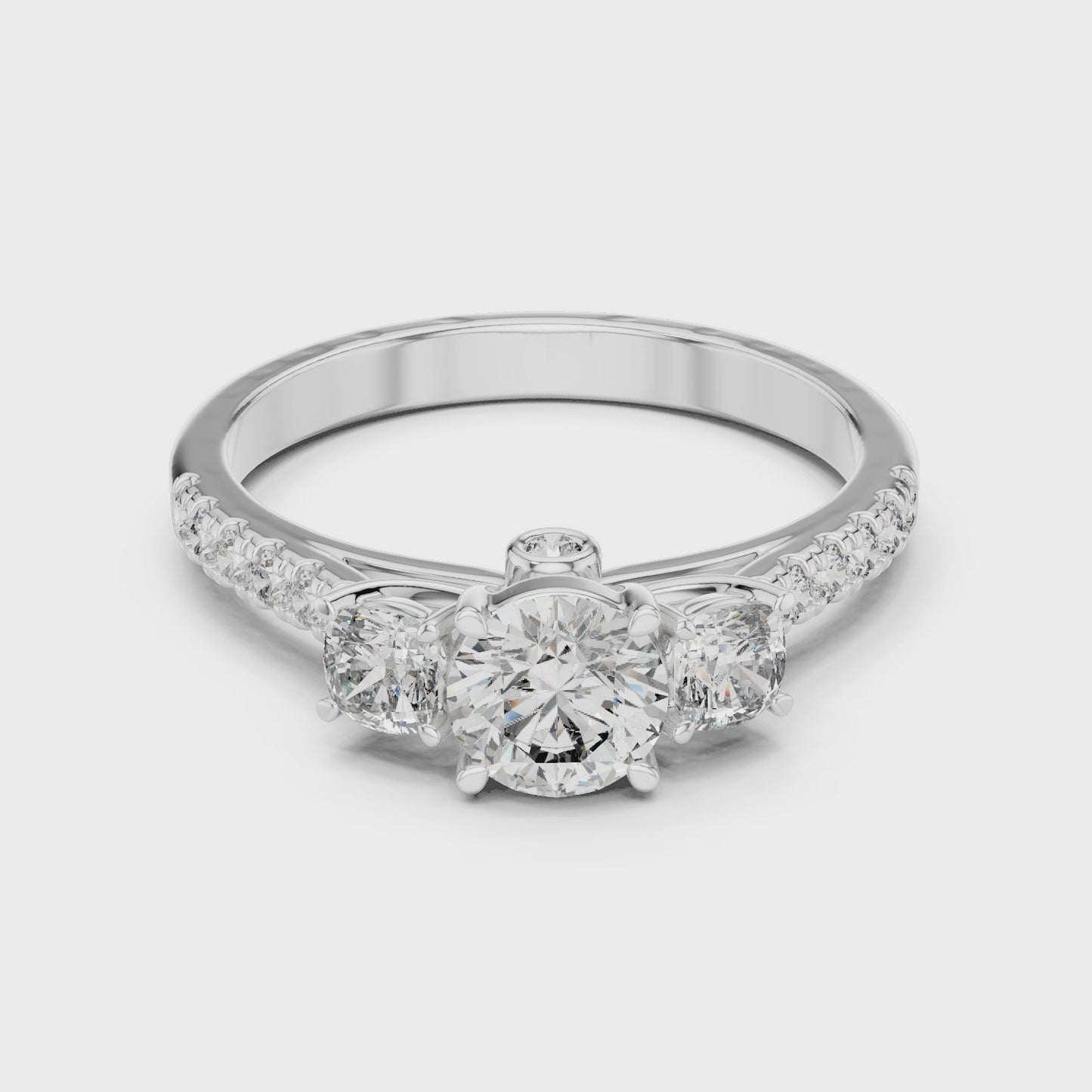 Trinity Edge Round Three Stone Diamond Ring with Hidden Halo