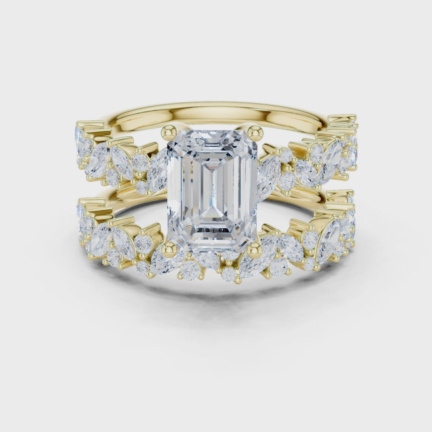 Bloom Frame Emerald Diamond Floral Bridal Ring Set