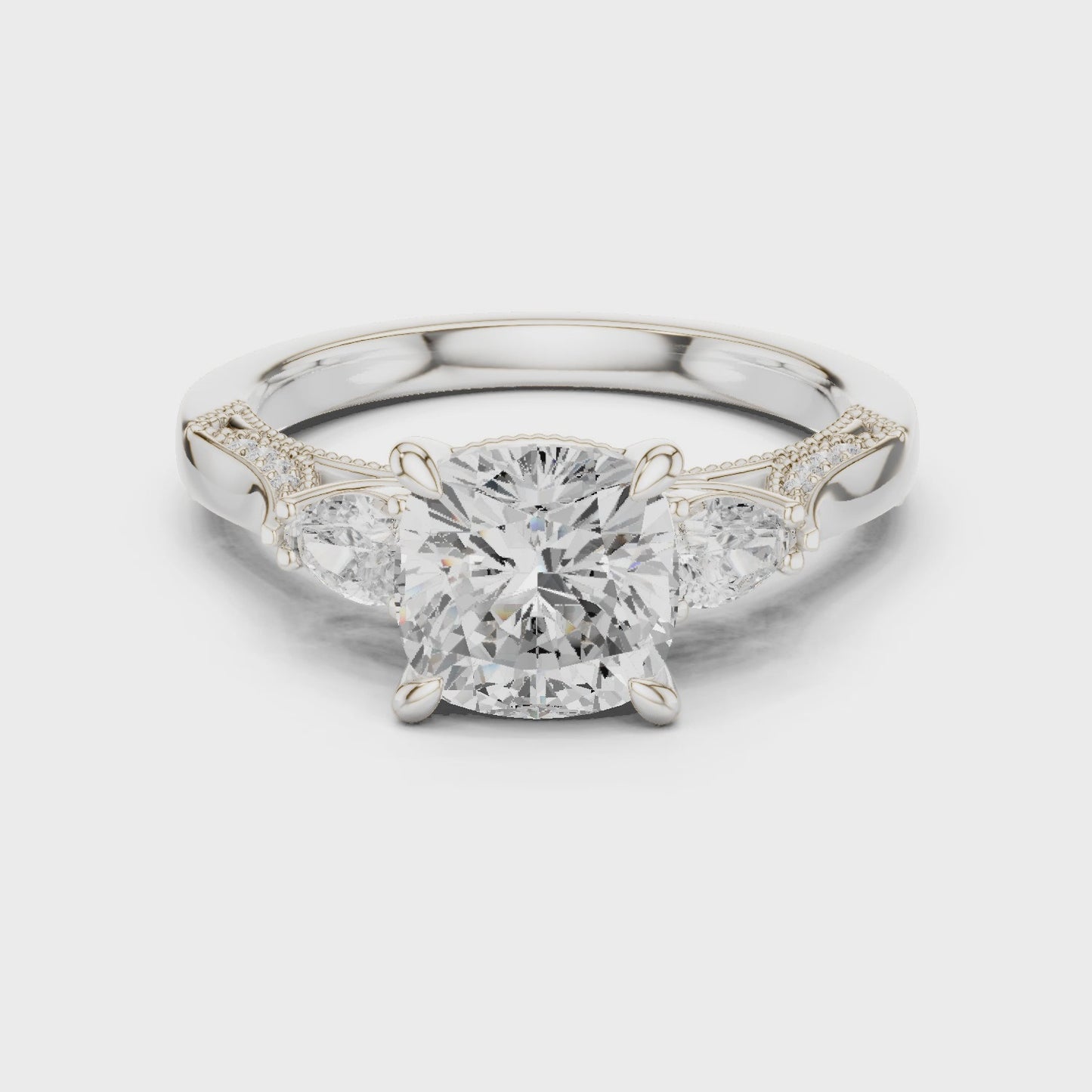 Facet Frame Cushion Diamond Three Stone Ring
