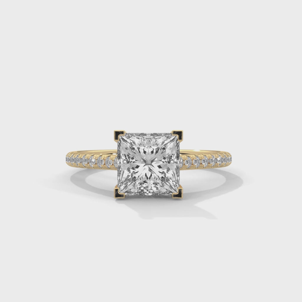 Regal Spark Princess Cut Solitaire Ring with Pavé Diamond Band