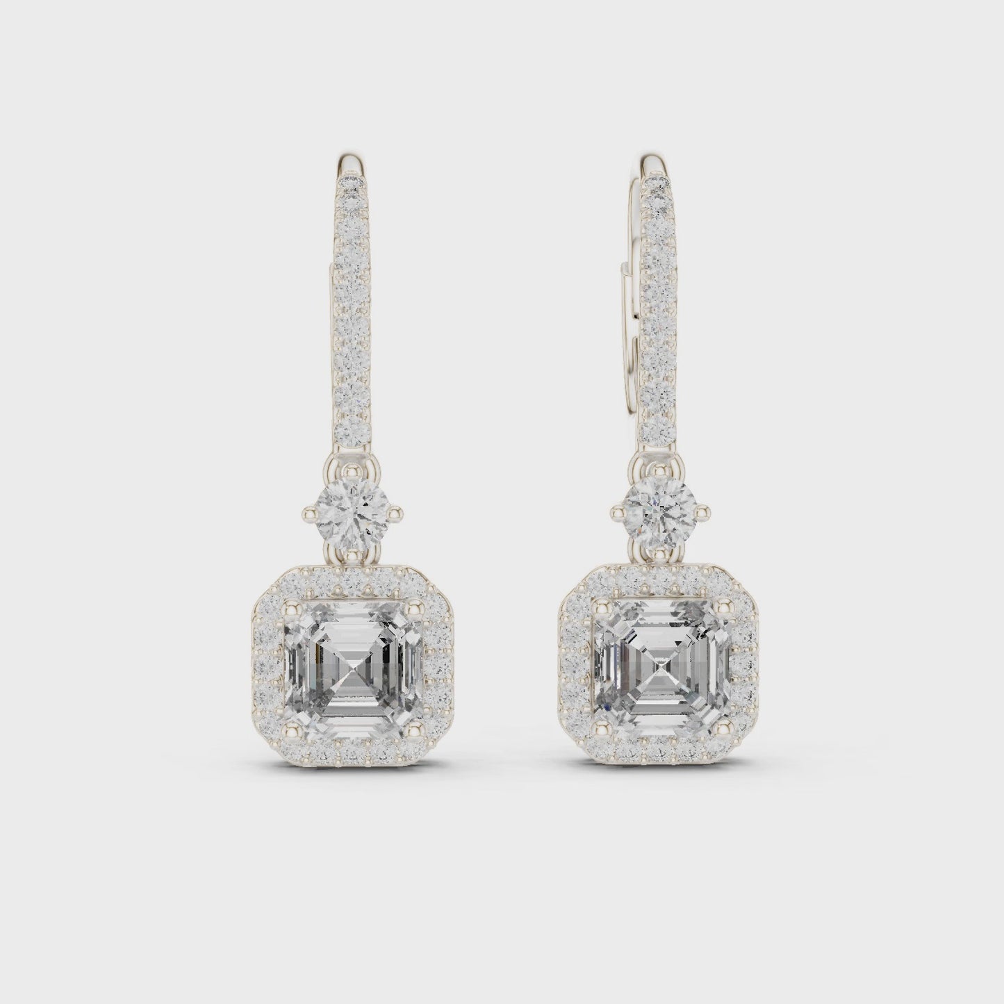 Regal Asscher Halo Drop Diamond Earrings