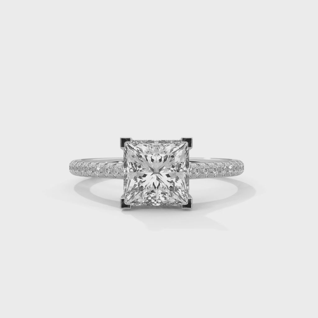 Regal Spark Princess Cut Solitaire Ring with Pavé Diamond Band
