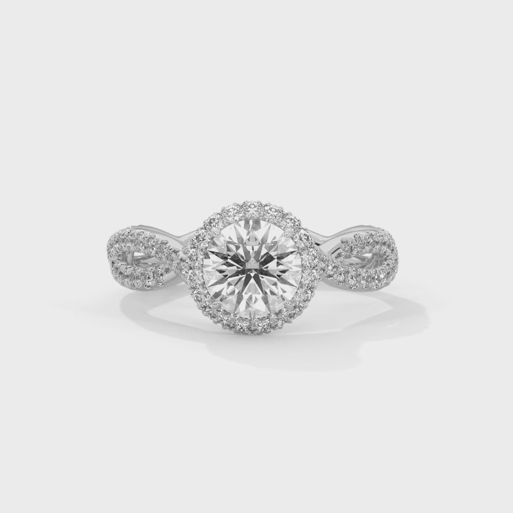 Round Halo Diamond Engagement Ring with Twisted Pavé Band