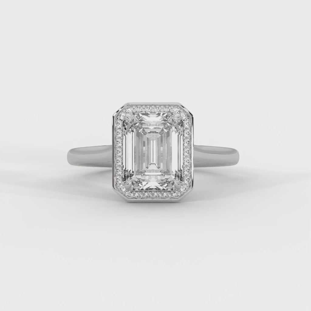 Luminous Emerald Cut Halo Engagement Ring with Hidden Sparkle