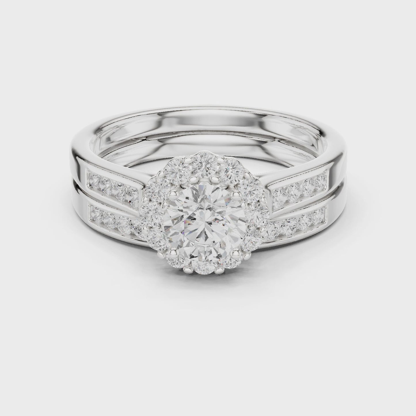 Luminous Frame Round Diamond Halo Bridal Ring Set