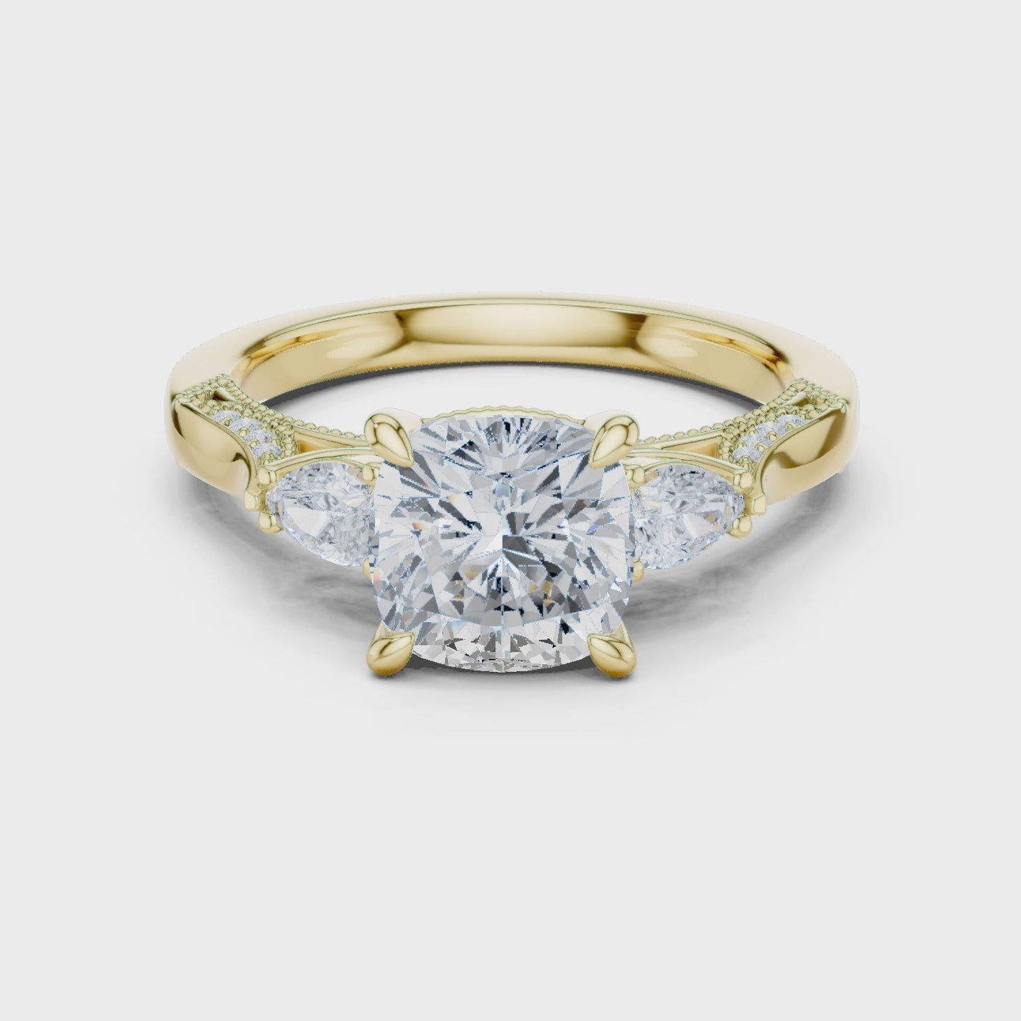 Facet Frame Cushion Diamond Three Stone Ring