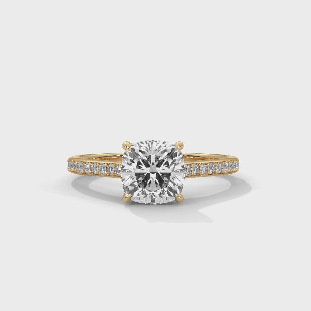 LumiCush Essence Cushion Cut Solitaire Engagement Ring with Pavé Diamond Band
