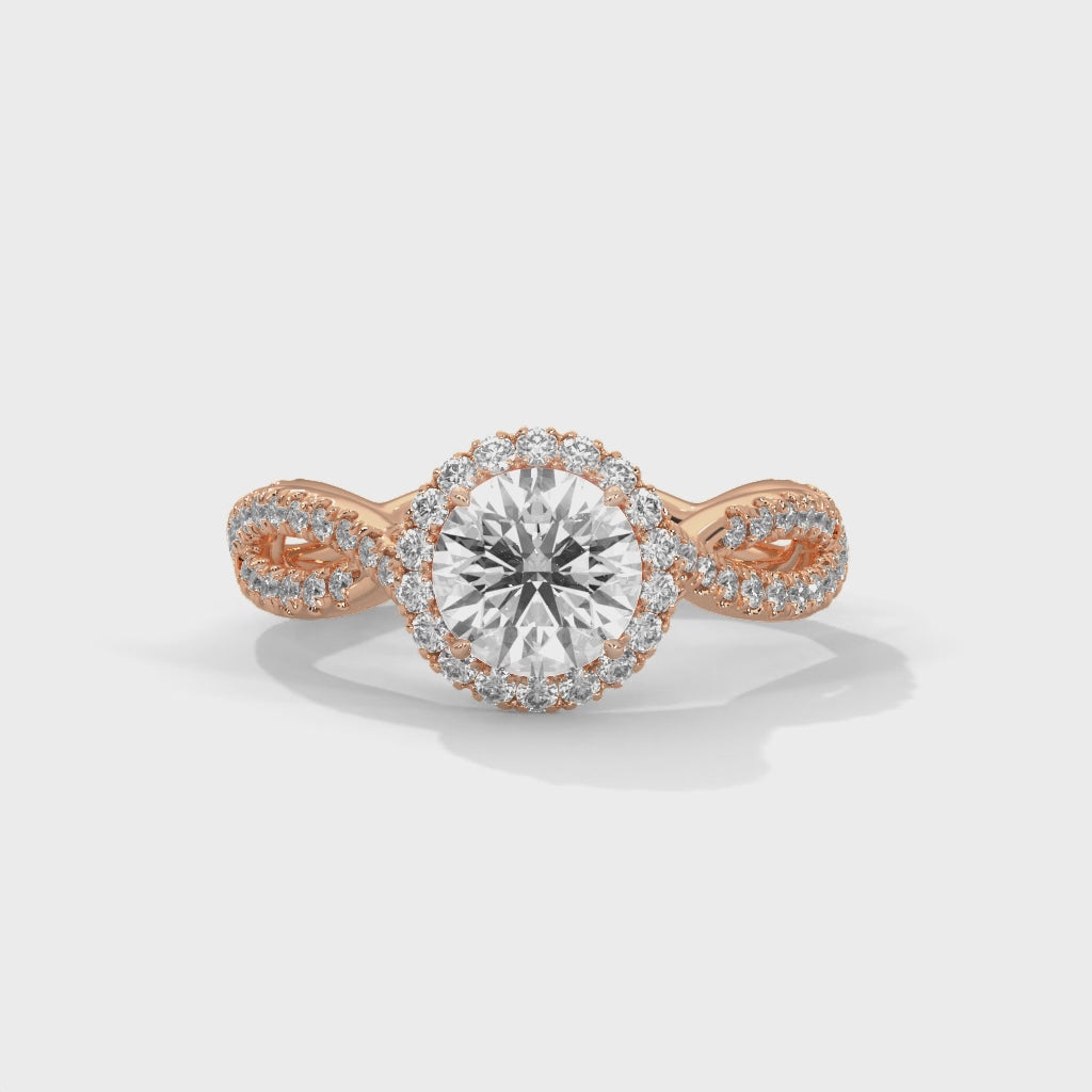 Round Halo Diamond Engagement Ring with Twisted Pavé Band